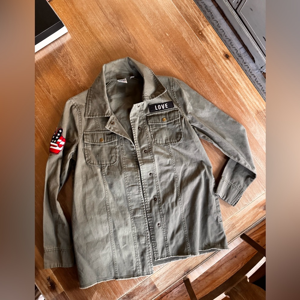 Junk Food x The Beatles "Love" military shacket in olive green women’s size XS